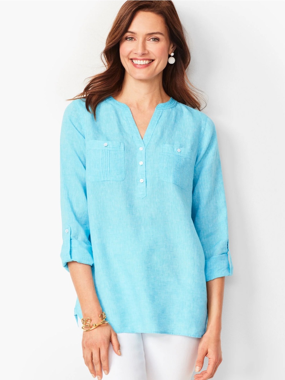 Talbots Light Blue Linen-Blend V-Neck Tunic